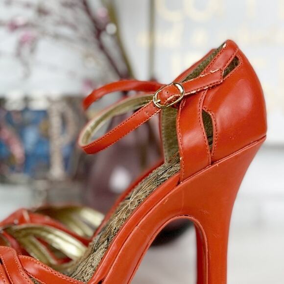 Michael Antonio Orange Leather Strappy Platform Stiletto High Heels Size 8.5 M - Picture 3 of 9